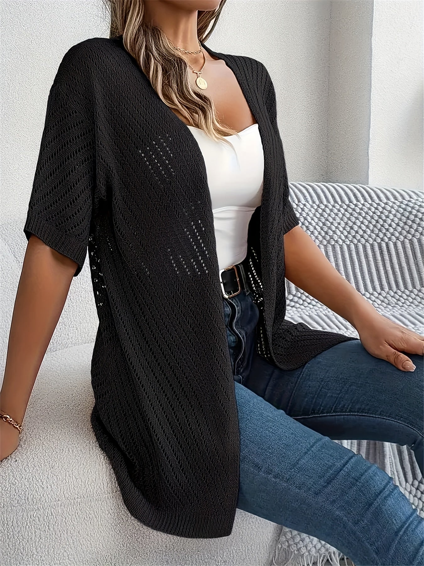 Plus o'lcham ayollar uchun krochet kardigan yengil nafas oladigan qisqa yengli bir rangli bahor yoz