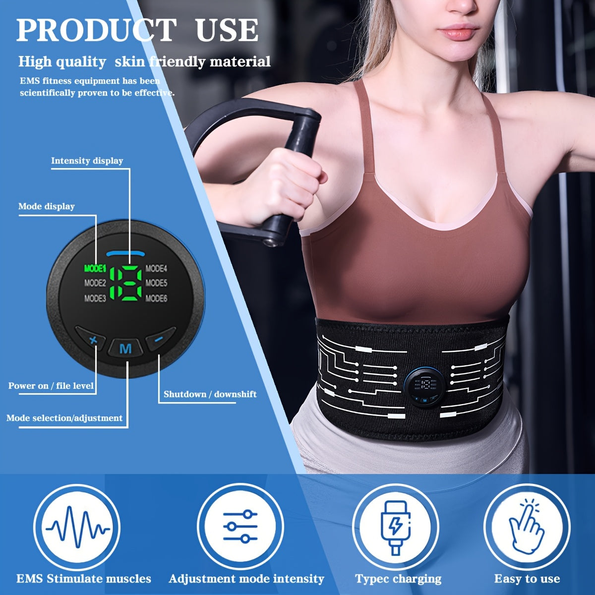 Ремень для стимуляции мышц EMS с 6 режимами, 18 уровнями интенсивности, USB-зарядка, для всего тела