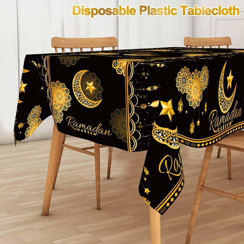 Ramadan Disposable Plastic Tablecloth Black Gold Moon Lantern Star 130x220cm for Eid Al-Fitr and Eid Al-Adha