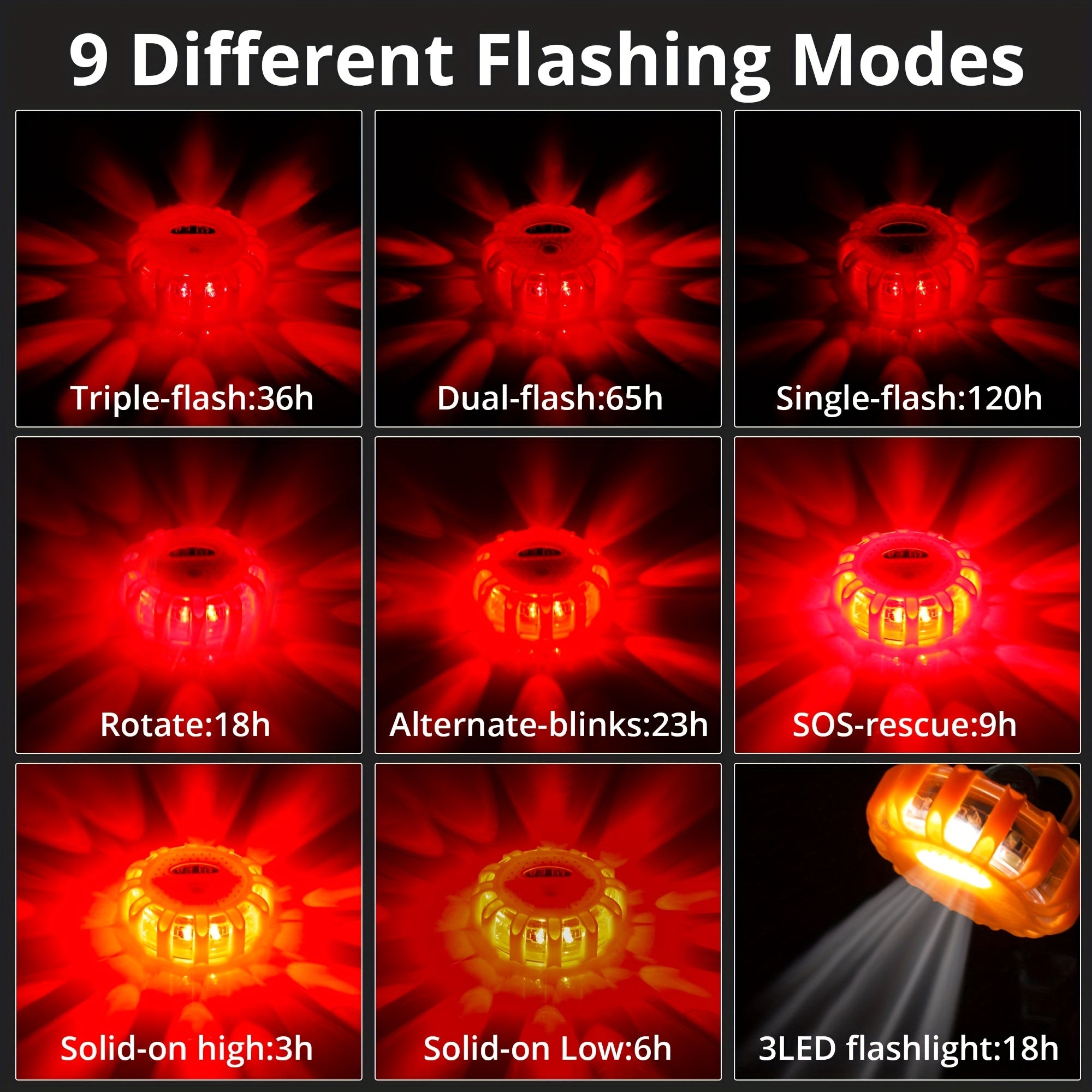  bengala de emergencia LED con base magnética y múltiples modos de destello