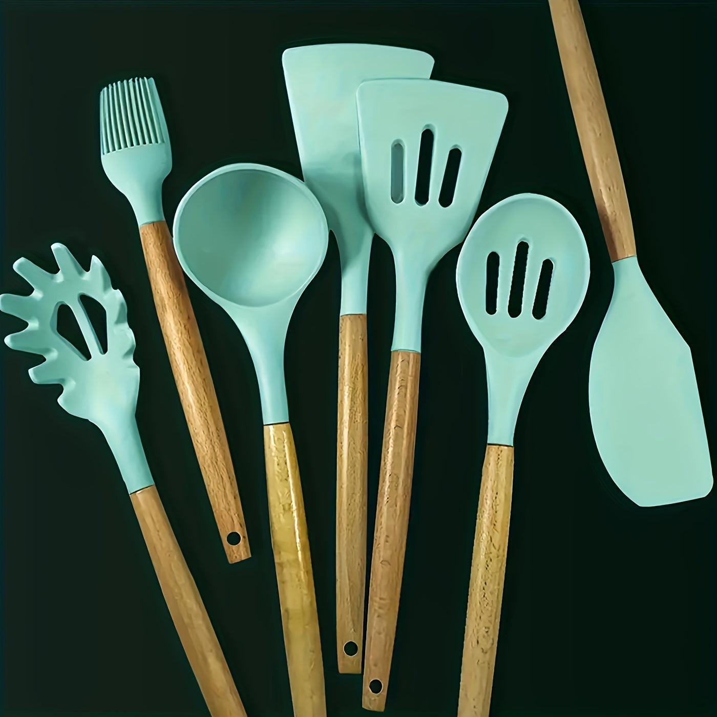 Set of 7 Silicone Kitchen Utensils with Wooden Handles Non-Stick Heat Resistant Cooking Tools