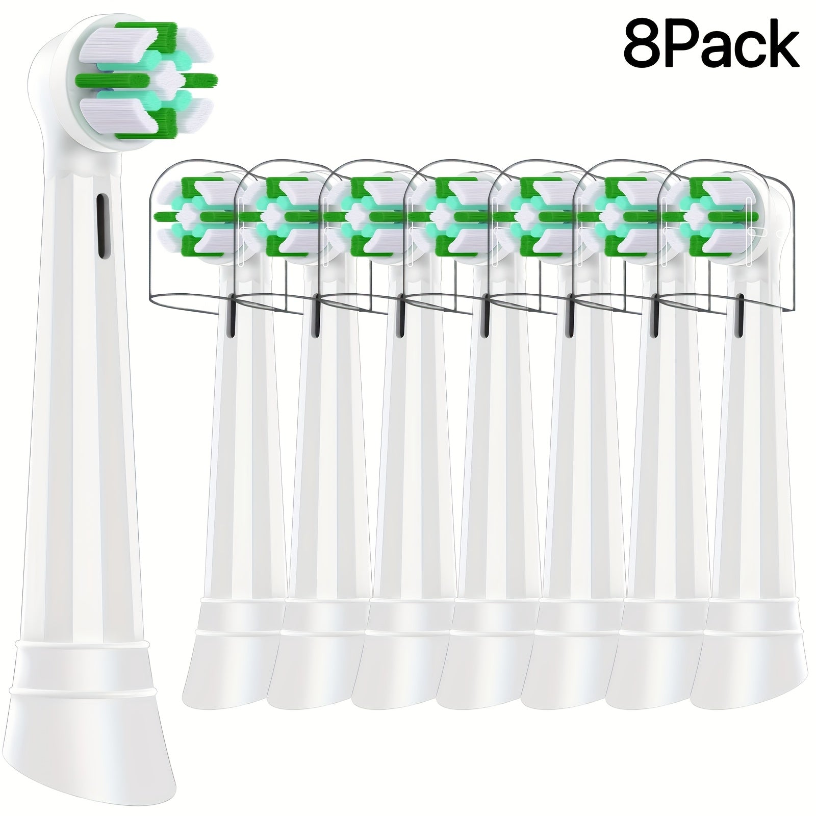Pack of 8 White Green Electric Toothbrush Replacement Heads High-Density Bristles