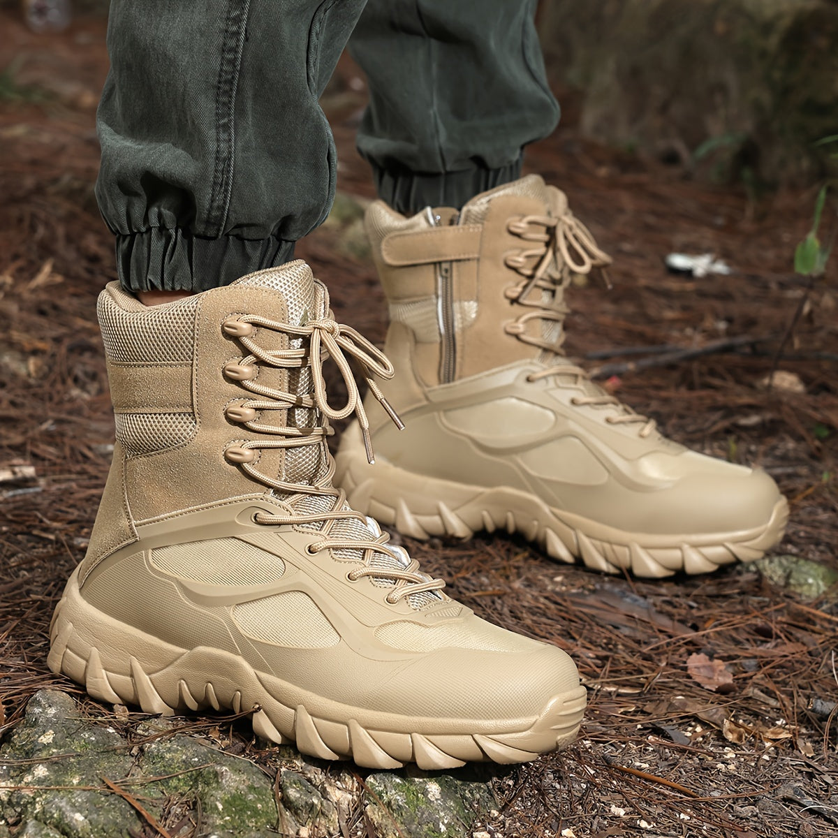 Erkaklar uchun taktik yuqori botinkalar, fermuar va ip bilan yopish, yengil va qulay, barcha mavsumlar uchun sport uslubi