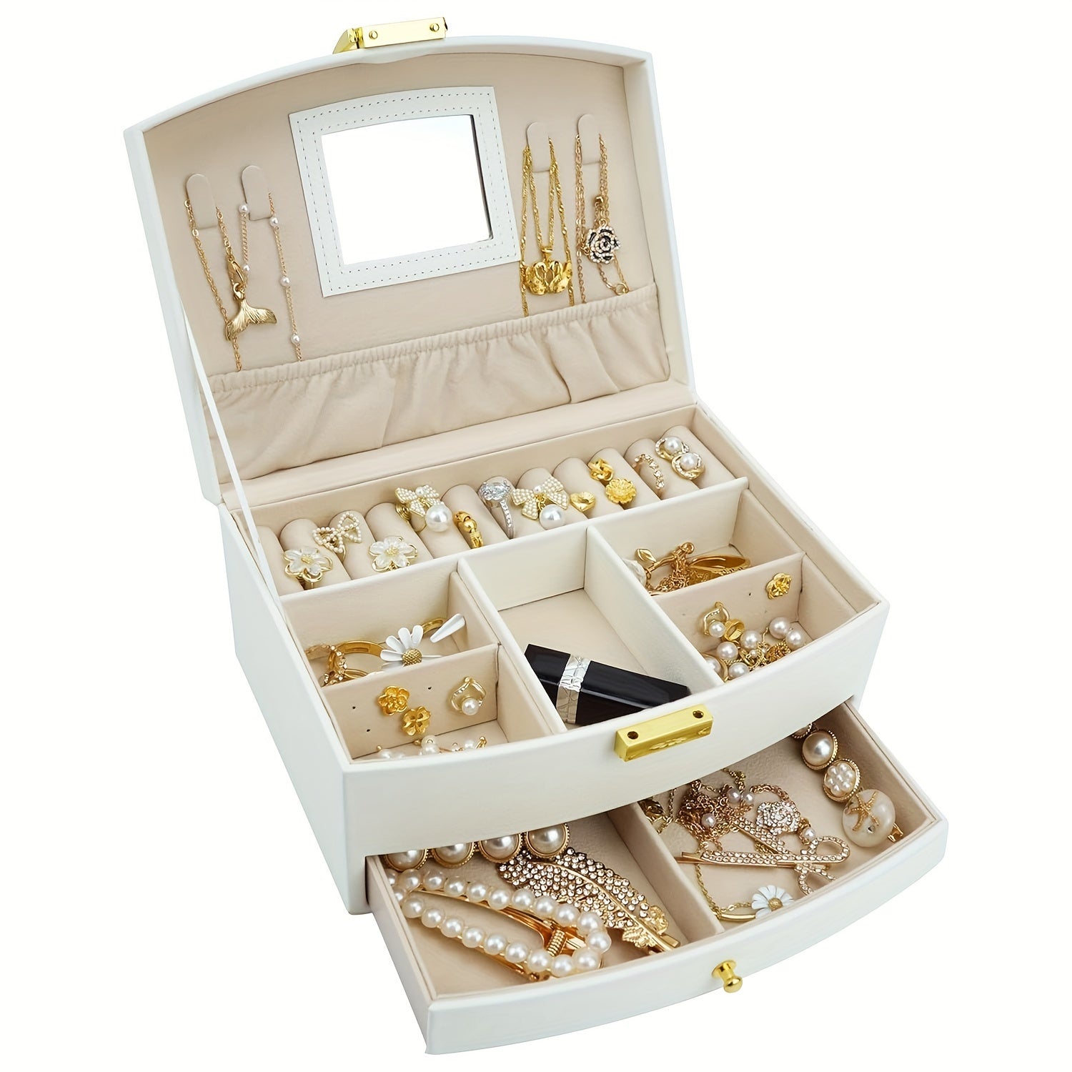 Ko‘p bo‘limli va zipli yopilishi bilan sun’iy charmli zargarlik buyumlarini tashkil etuvchi quti