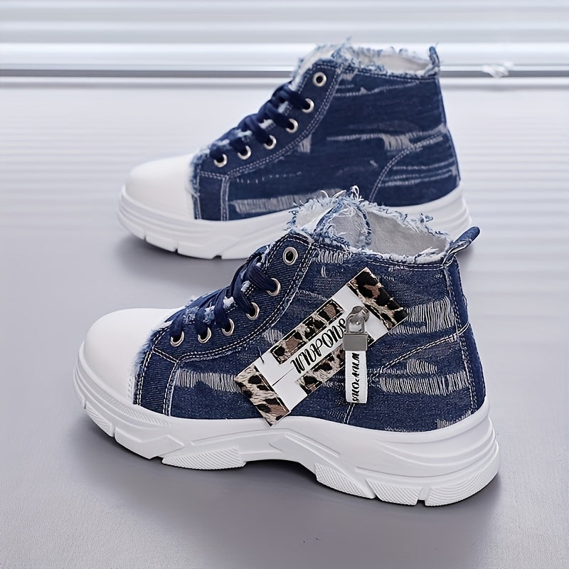 Women's Denim High-Top Sneakers with Zipper, Thick Sole, Comfortable Insole