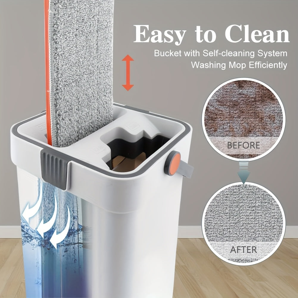 Yassi mop va kova to'plami, Wringer bilan, 132cm tutqich, qayta ishlatiladigan mikrotoʻlqinli padlar