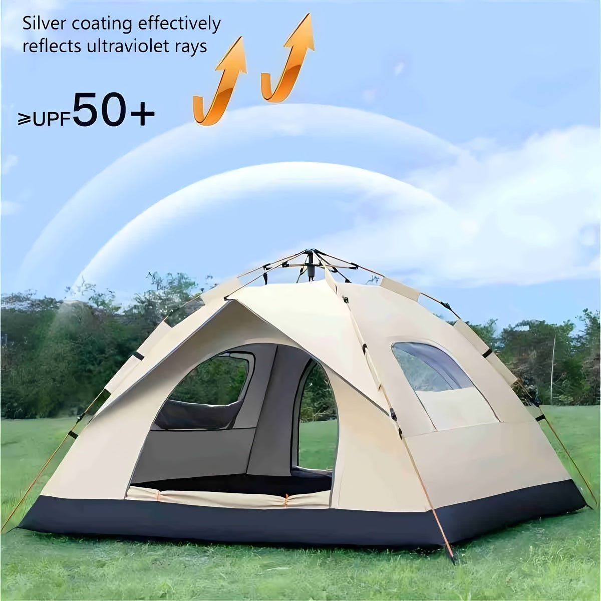 Light Brown Square Camping Tent for 4 People Waterproof Oxford Cloth with Zipper and Glass Fiber Frame