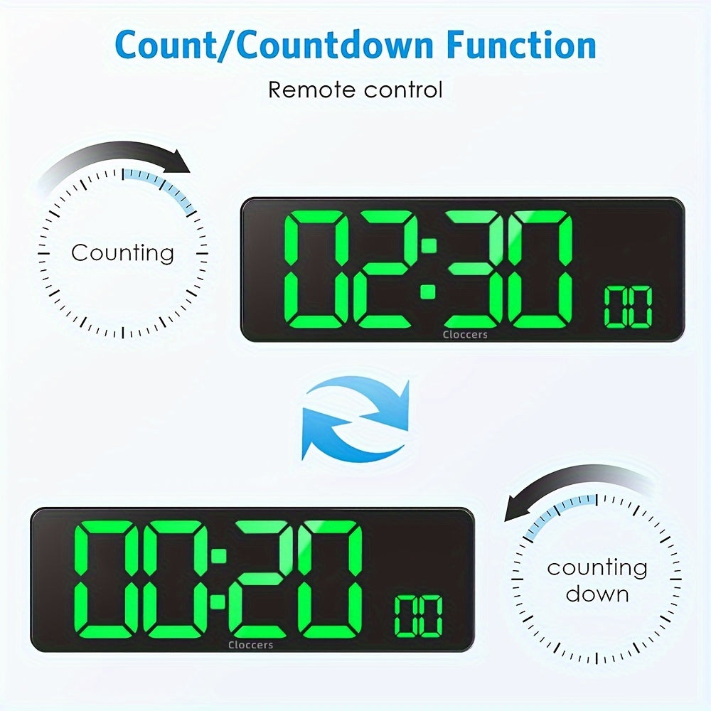 Large screen digital wall clock with indoor temperature date week display desk countdown timer 10-level brightness auto light LED dual alarm remote