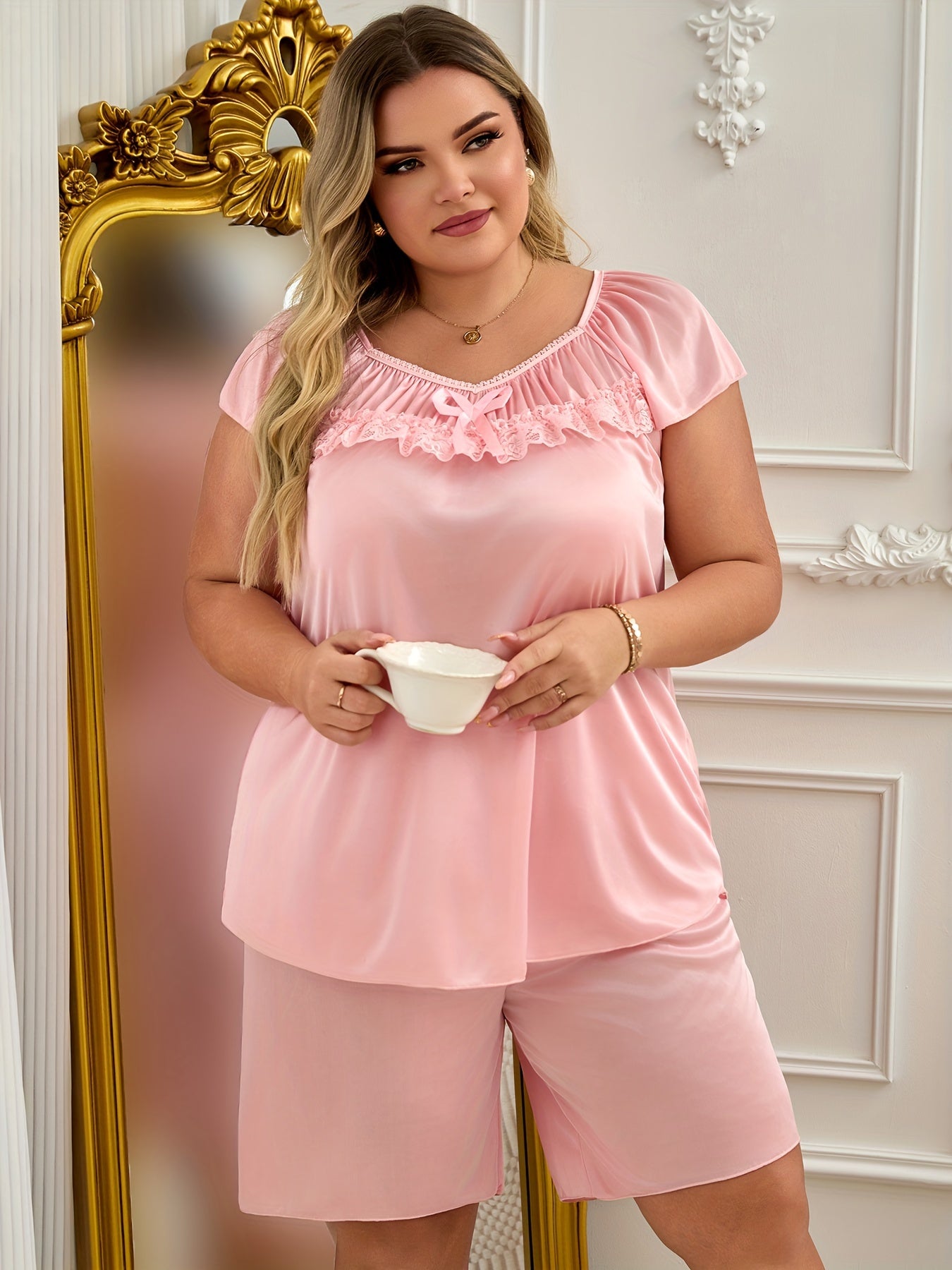 Plus Size Satin Pajama Set with Lace Details and Shorts for Women