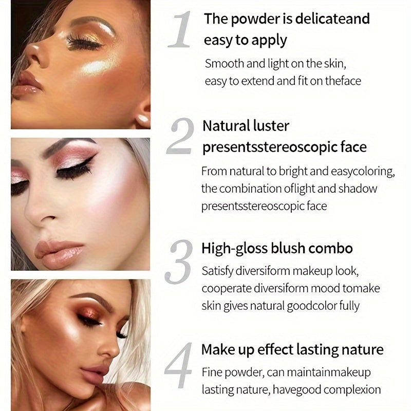 Paleta de iluminador de 4 tonos para mujer con contorno de rubor y acabado con purpurina