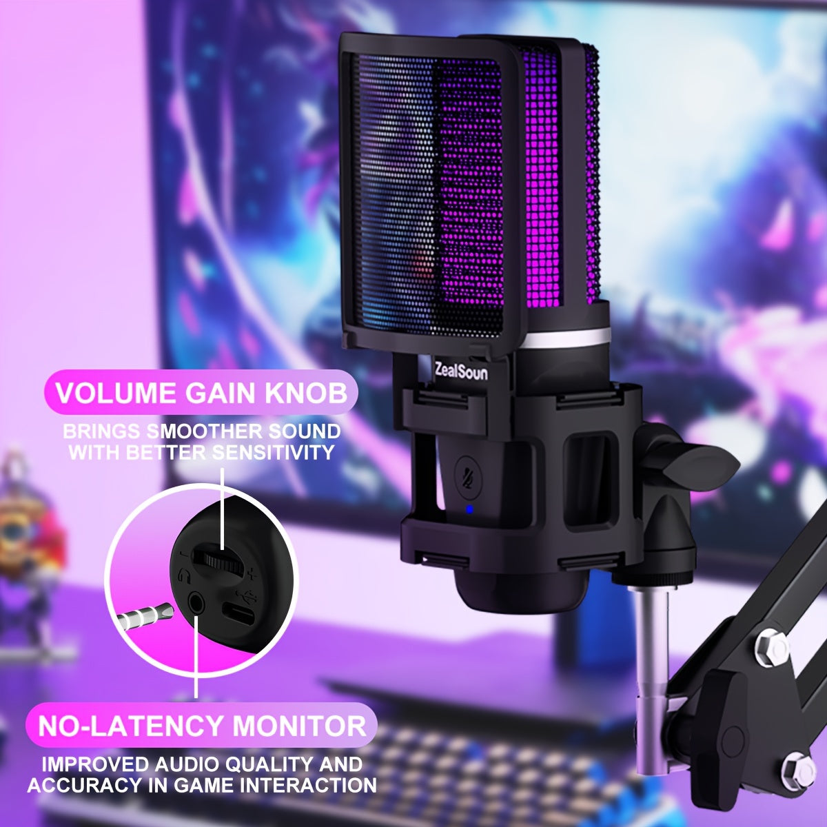 USB Gaming Microphone Kit with RGB Light Boom Arm for Streaming and PC Black