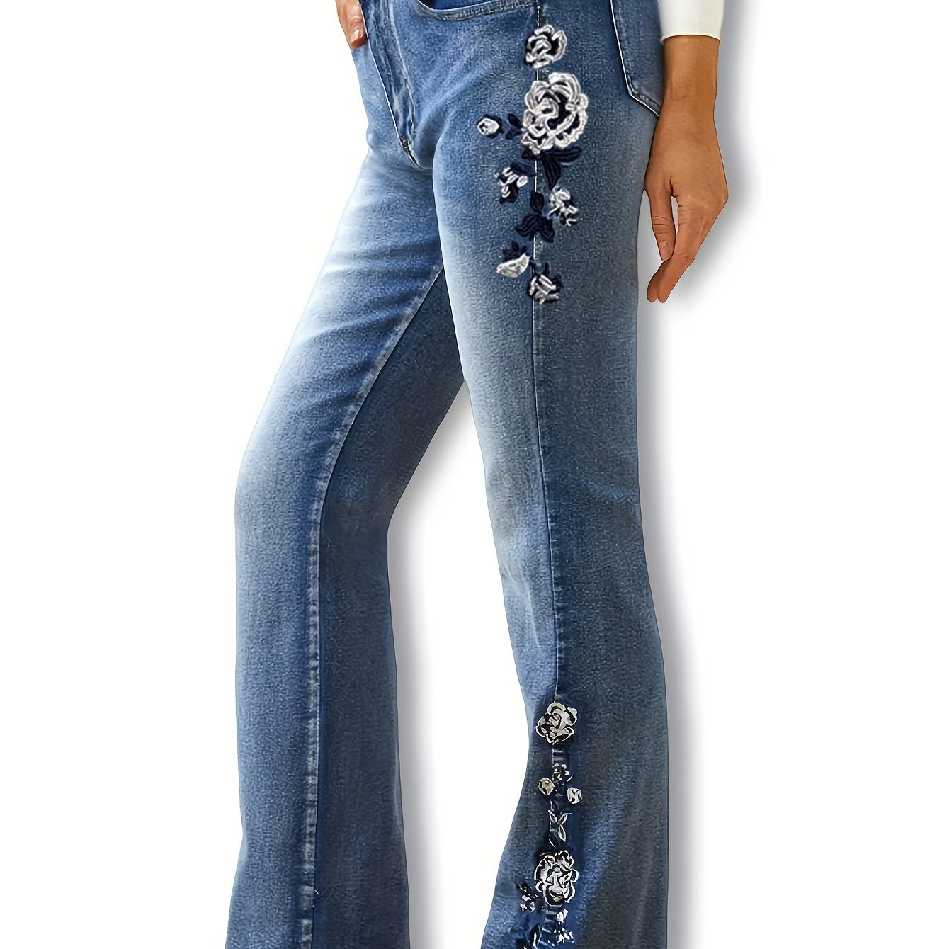 Plus Size Women's Slim Fit Stretch Denim Flared Pants Blue Wash Casual Comfort