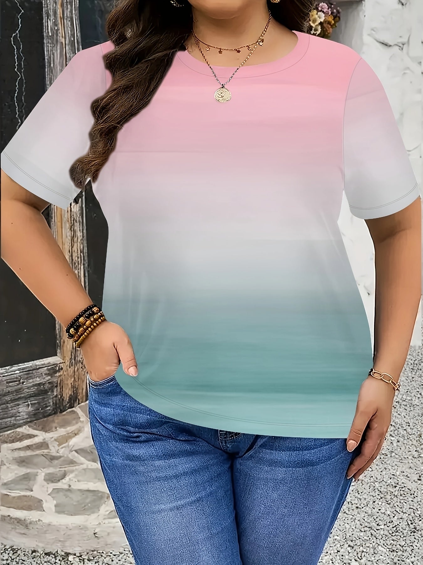 Women's Plus Size Gradient Color T-Shirt Soft Short Sleeve Casual Top