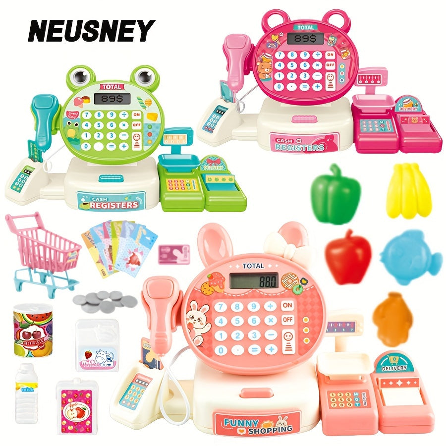 Mini Cash Register Pretend Play Set with Scanner Credit Card and Fruits for Kids 3+