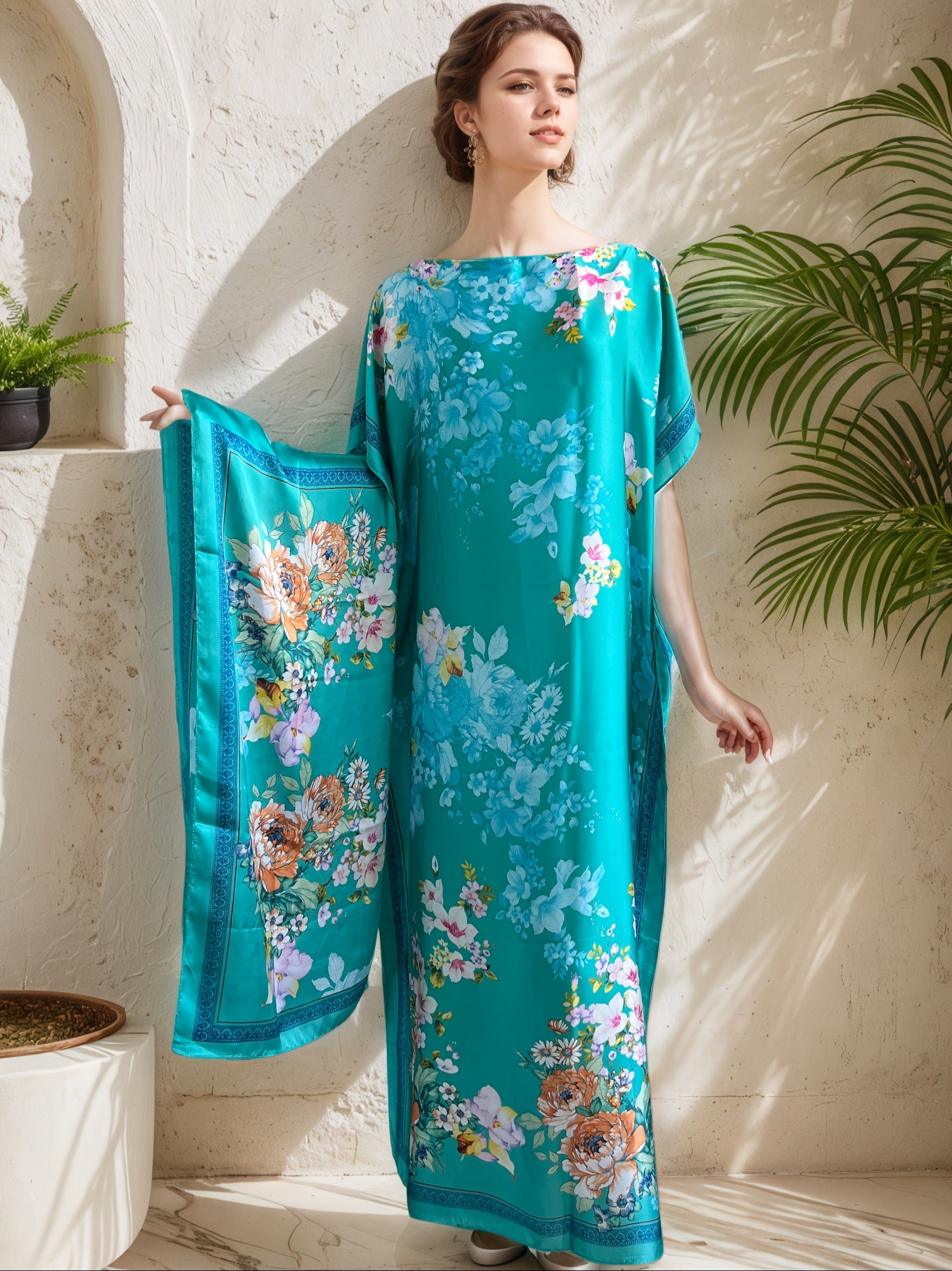 Plus Size Floral Print Batwing Sleeve Maxi Dress for Women, Casual Summer Wear