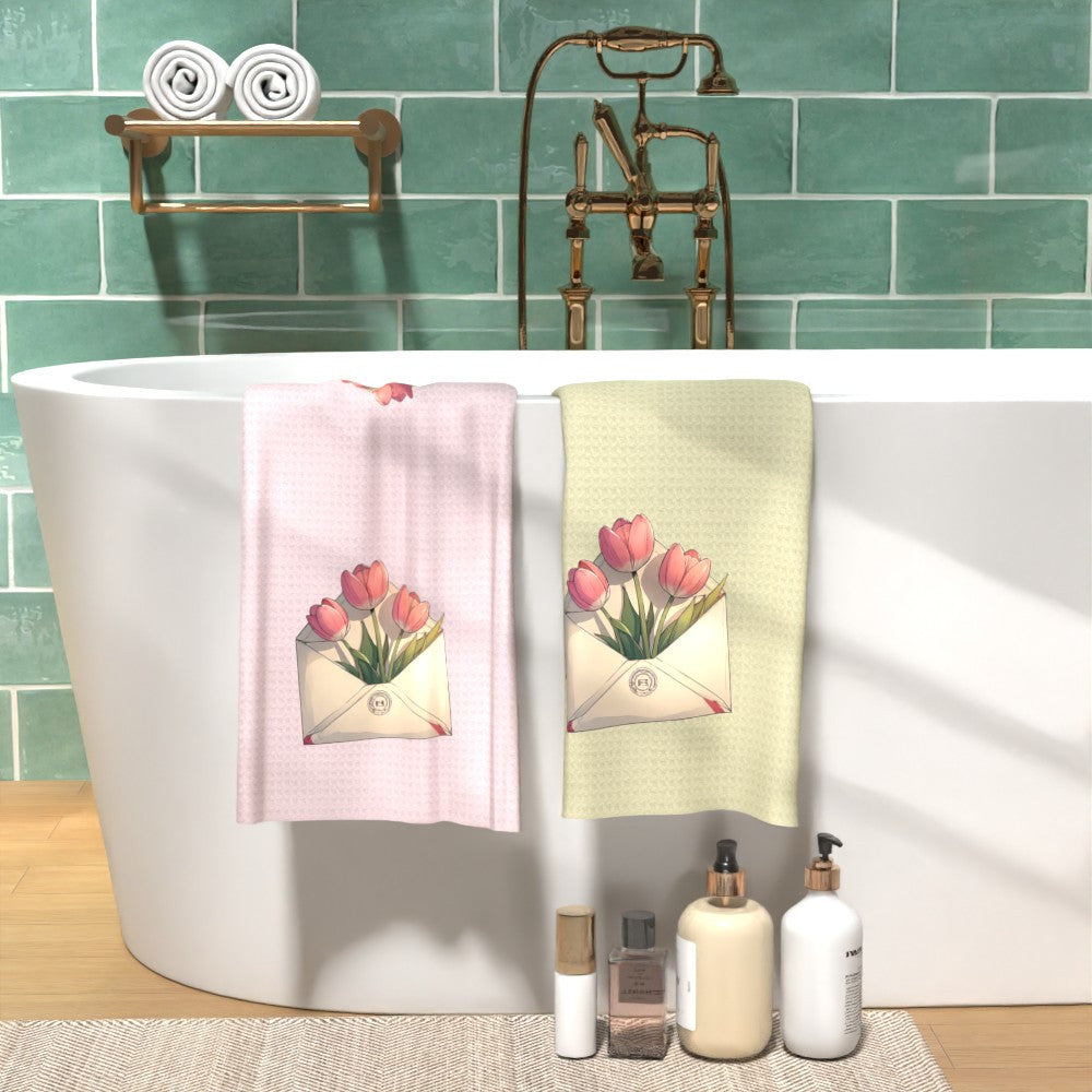 Set of 2 Cartoon Tulip Print Towels, Soft Quick-Drying Kitchen Bathroom Decor