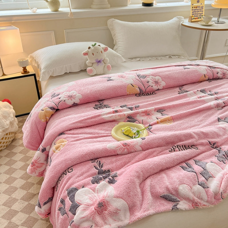 Floral Pattern Flannel Throw Blanket for Sofa Bed Office Car Cozy All-Season
