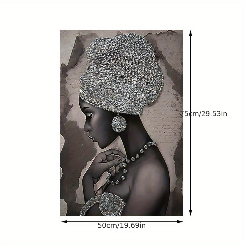 Abstract Canvas Wall Art Featuring Silvery Glitter Embroidered African Woman 40x60cm or 50x75cm