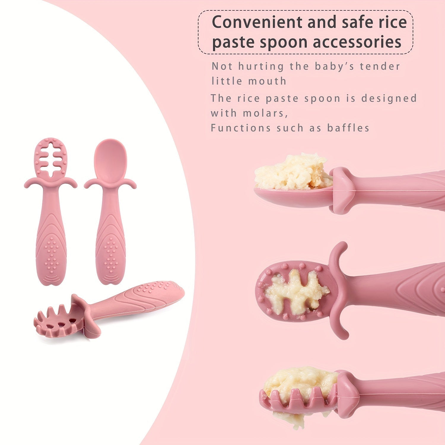 Set of 3 Soft Feeding Tableware for Toddlers Silicone Rice Paste Spoon and Fork