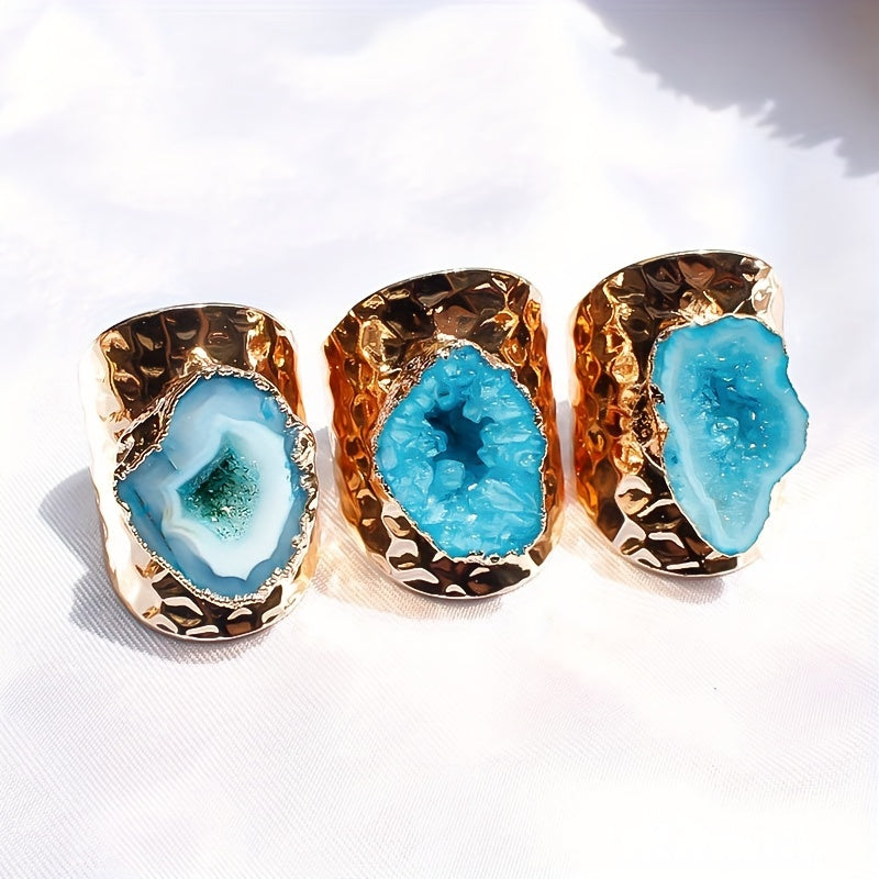 Women's Natural Onyx Geode Adjustable Ring with Copper Frame and Agate Crystal