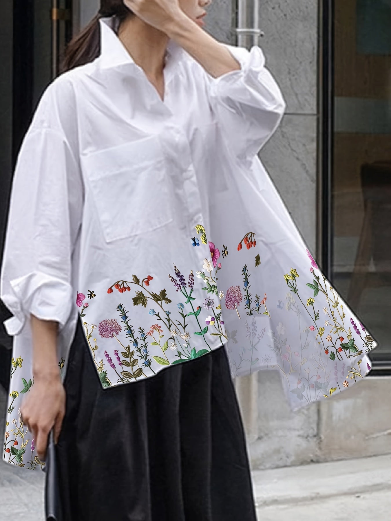 Women's Floral Print Oversized Blouse Polyester Blend Short Front Long Back Design