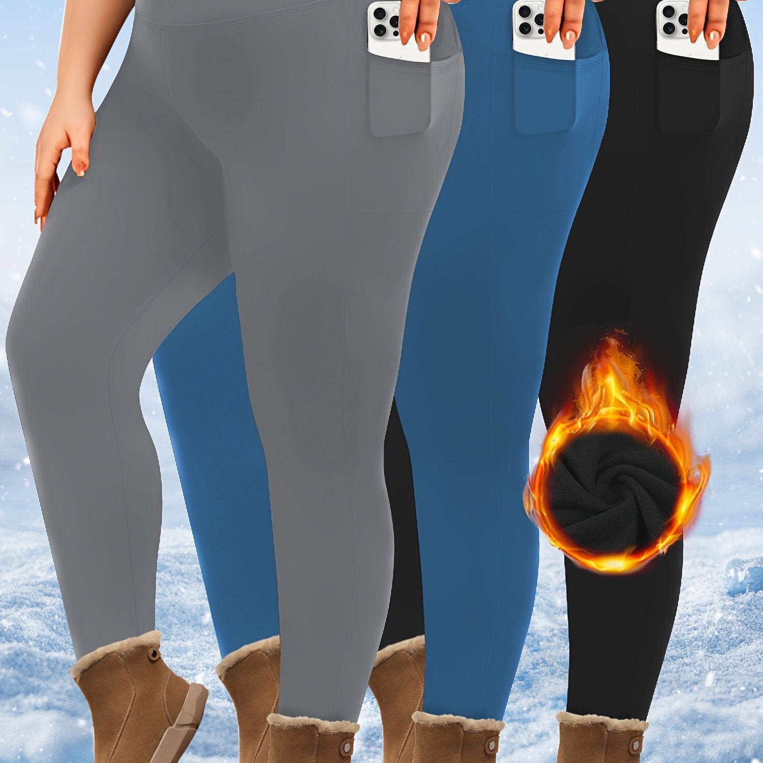 Plus Size High-Waist Fleece-Lined Leggings with Pockets for AutumnWinter Black Gray Burgundy