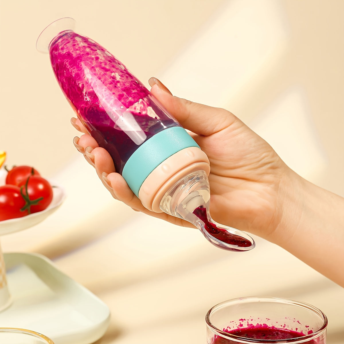 90ml Silicone Baby Feeding Bottle with Soft Spoon Head Self-Feeding Squeeze and Suction Cup in White Red Blue Yellow