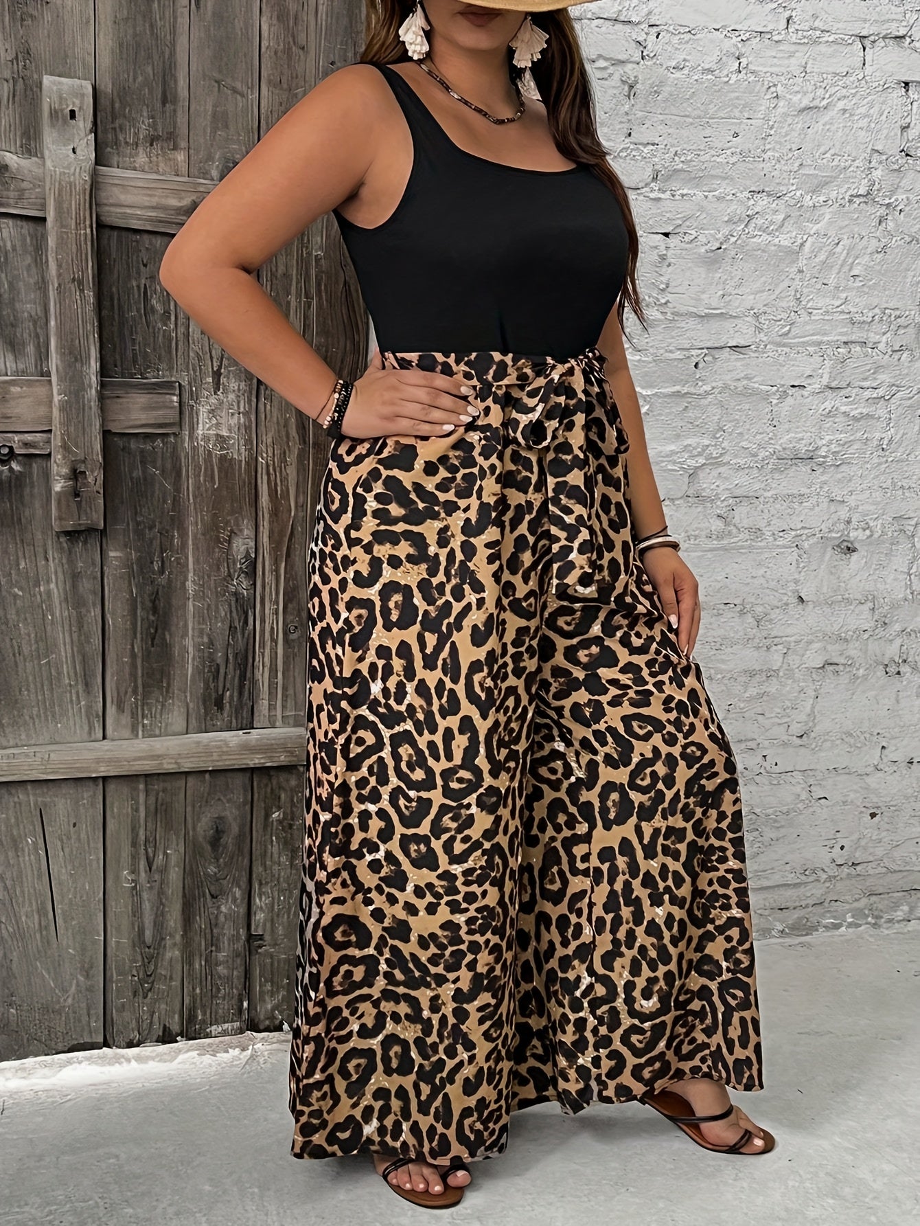 Plus Size Women's Leopard Print Sleeveless Jumpsuit with Belt for Casual and Formal