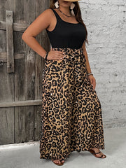 Plus Size Women's Leopard Print Sleeveless Jumpsuit with Belt for Casual and Formal