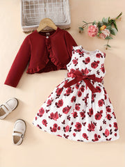 Girls' Floral Lace Jacket and Sleeveless Dress Set for Outdoor Wear