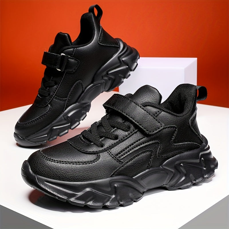 Black Boys' Water-Resistant Sneakers with Hook-and-Loop Strap and EVA Sole
