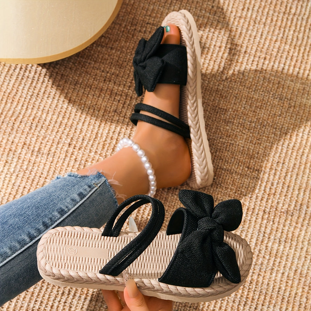 Women's Breathable Fabric Slip-On Open-Toe Sandals with Black Bow