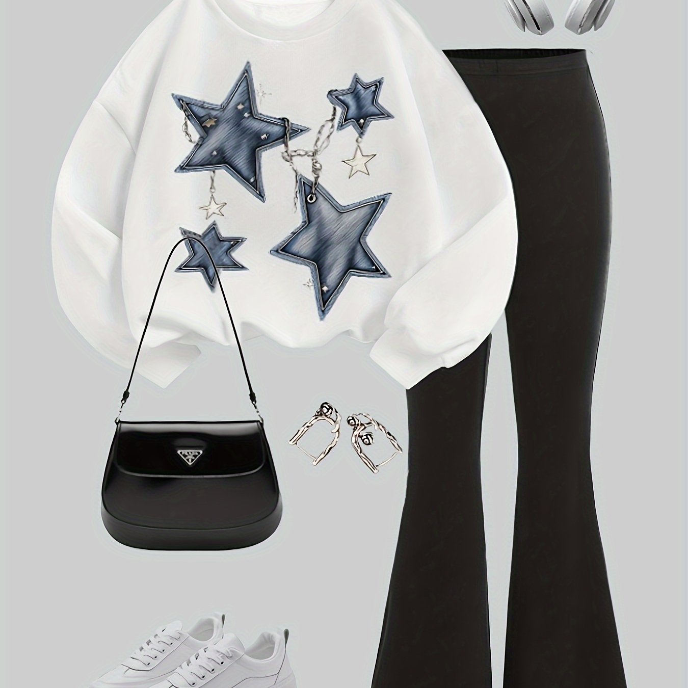 Qizlar uchun tasodifiy yulduz zanjirli printli sviter va kengaytirilgan shimlar to'plami, polyester to'qimadan tayyorlangan, multfilm naqshi bilan, kundalik kiyim, partiyalar va ta'til uchun mos. Ribbed bilan pulloverni o'z ichiga oladi.