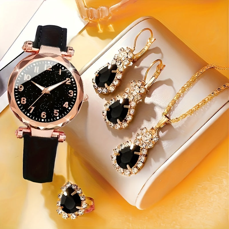 Women's Starry Sky Quartz Watch and Teardrop Jewelry Set Faux Leather Strap Analog Gift