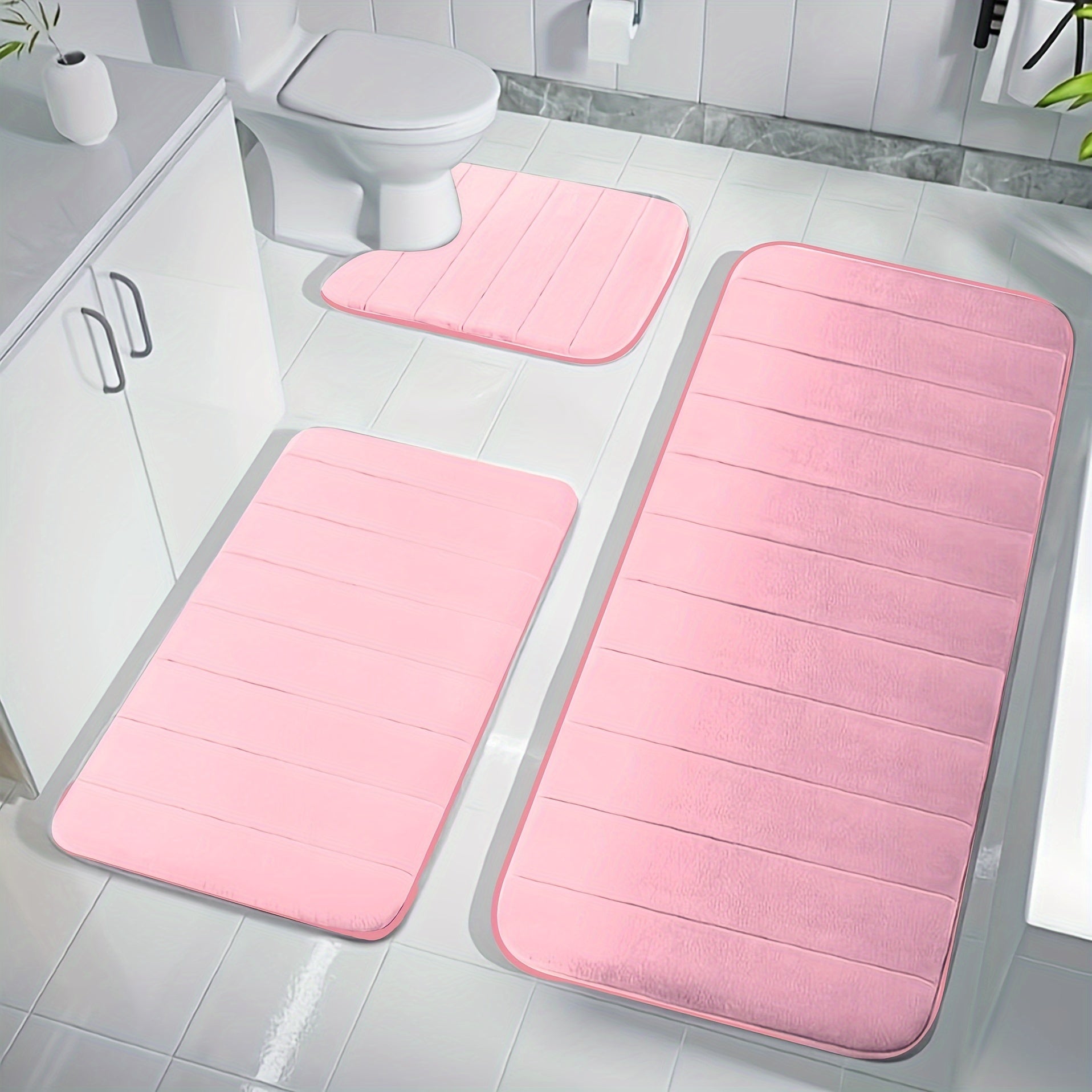 3-Piece Embossed Bathroom Rugs Set Non-Slip Coral Fleece Water Absorbent Kitchen Shower Mat