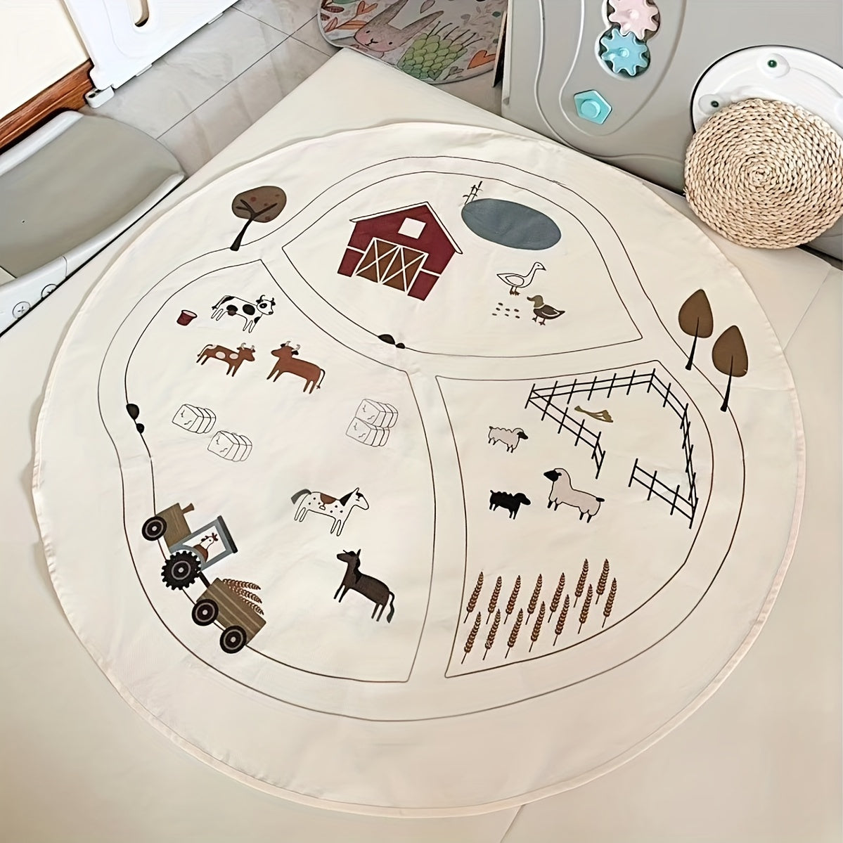 Baby Playmat for Crawling and Tummy Time Polyester Fiber Farm-Themed Multi-Purpose Mat for 0-3 Years