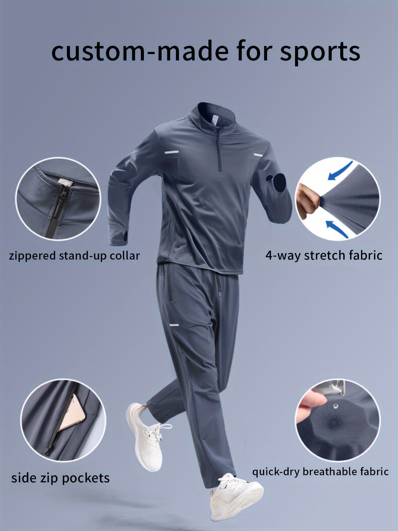 Men's Athletic Set Long Sleeve Zip-Up Jacket and Pants Breathable Moisture-Wicking Striped for Running Cycling Fitness