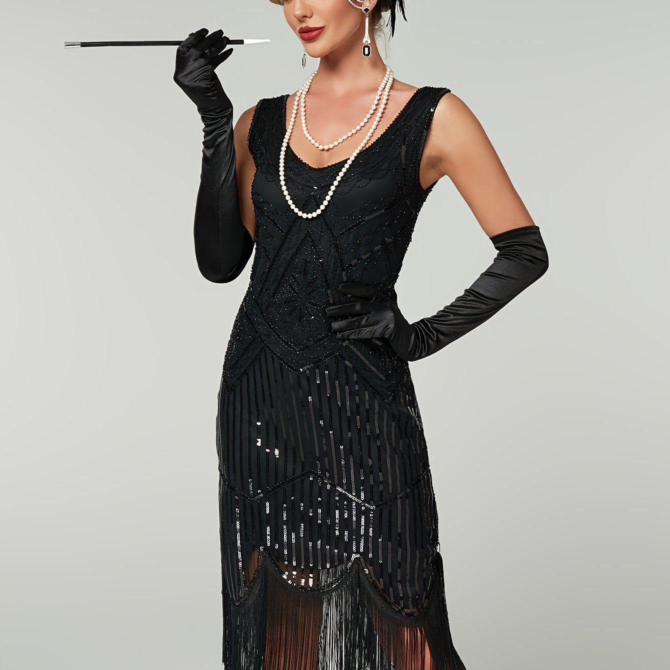 Women's 1920s Art Deco Sequin Fringe Dress Vintage Flapper Evening Gown