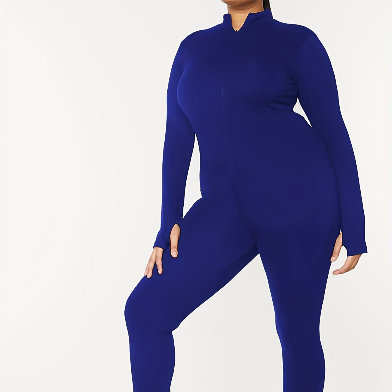 Plus Size Women's Solid Zip Up Long Sleeve Jumpsuit