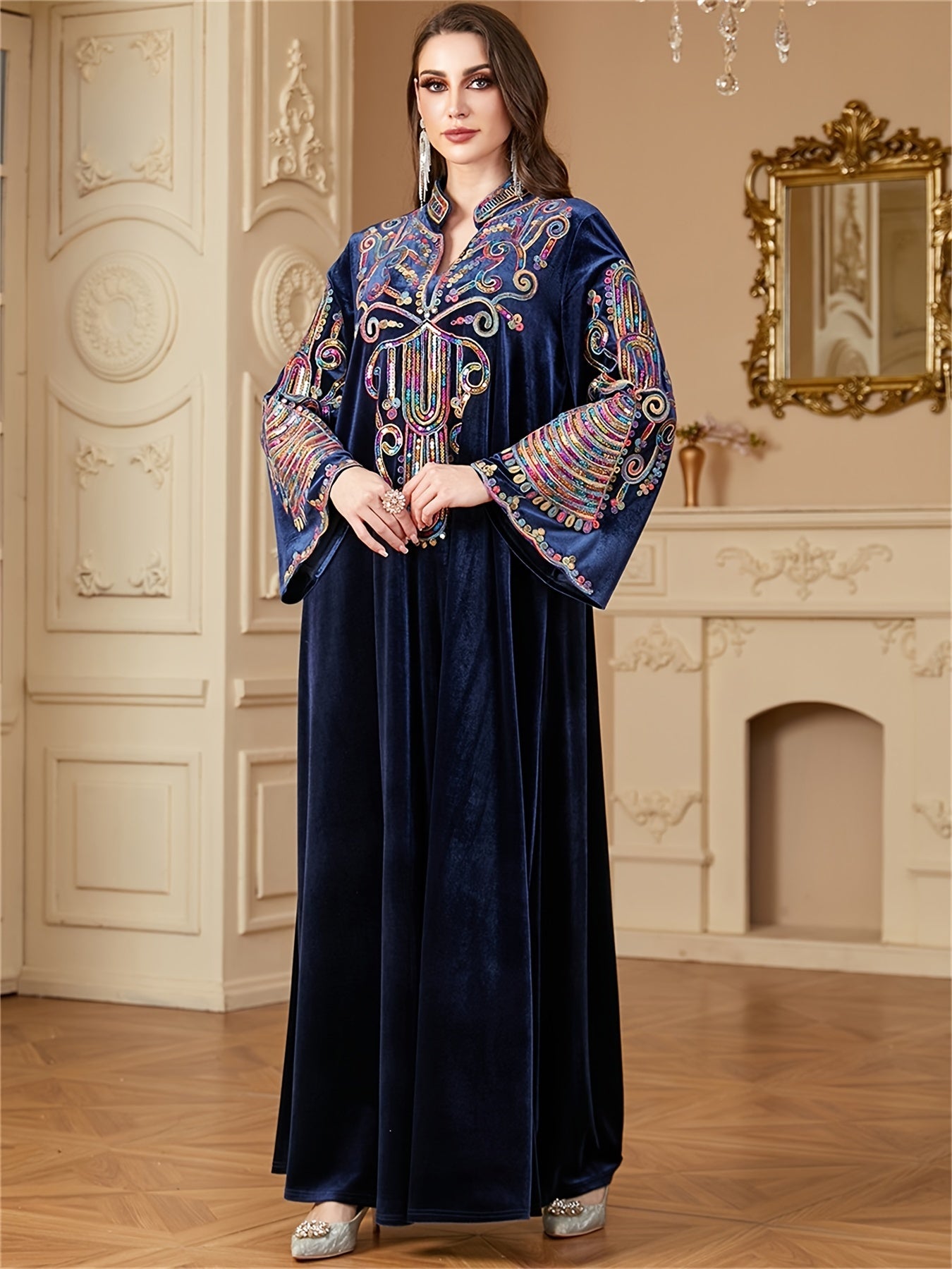 Women’s Dark Blue Sequin Abaya with Floral Patterns Long Sleeve Velvet Maxi Dress for Ramadan and Formal Events