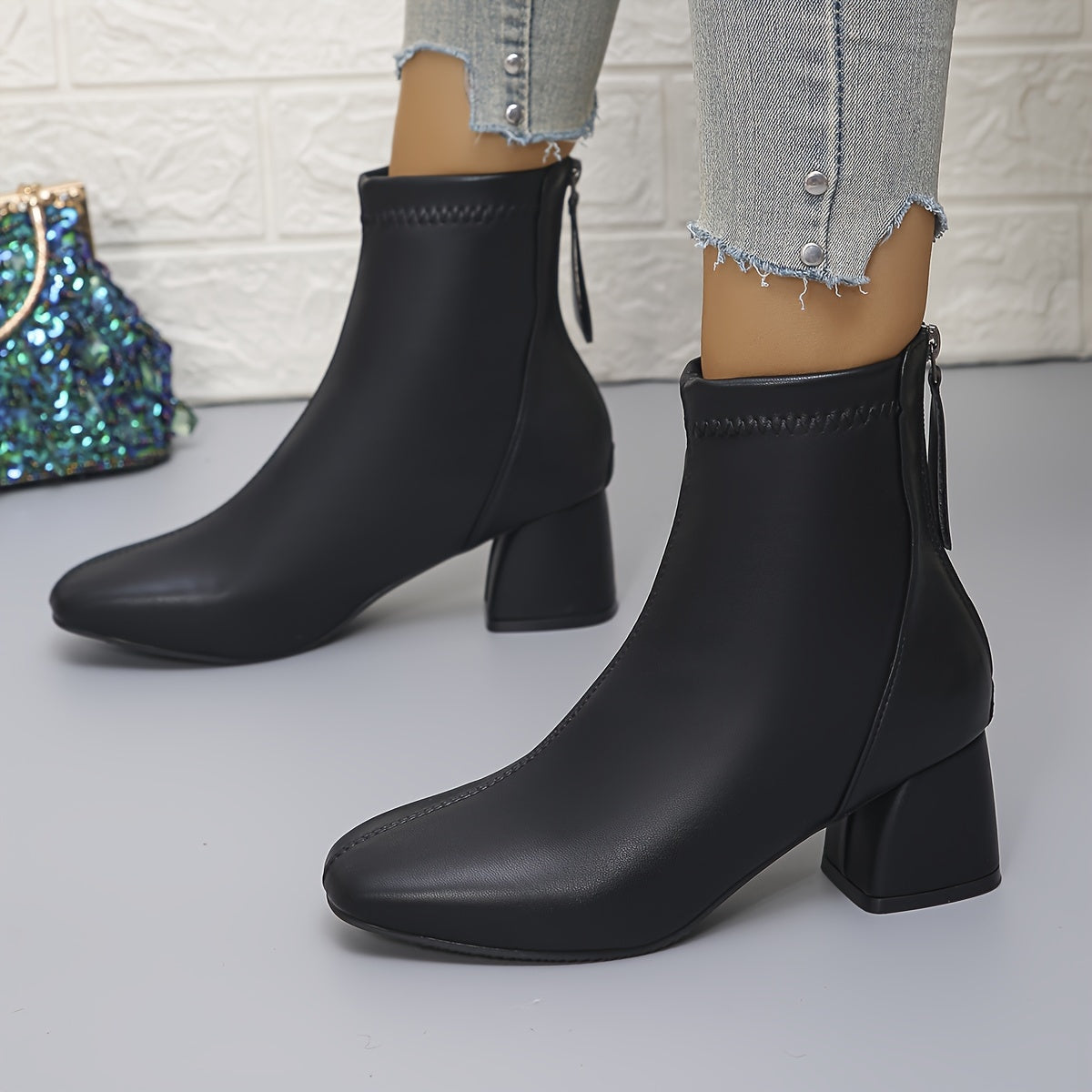 Women's Chunky Heel Ankle Boots Solid Color Back Zipper Rubber PU