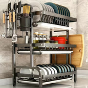 Premium Carbon Steel 3-Tier Dish Rack with Drainboard for Kitchen Organization