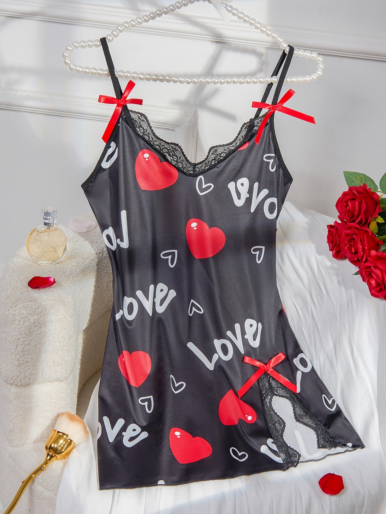 Plus Size Women's Lace Slip Dress with Heart Print and Bow Decor