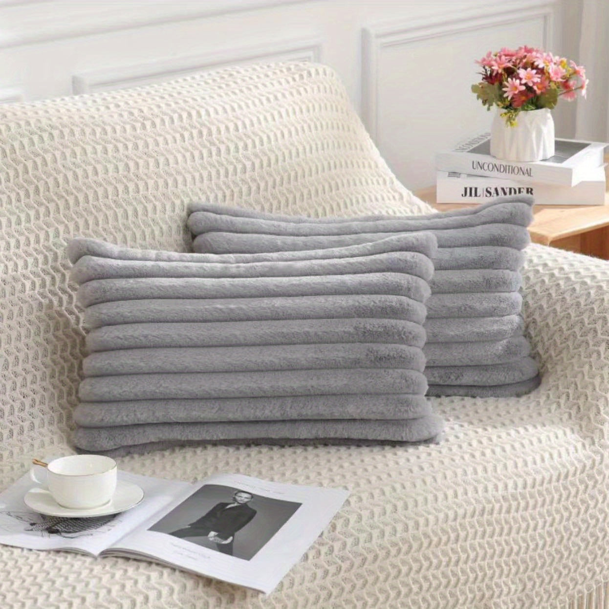 Bohemian Rabbit Fur Stripe Throw Pillow Cover Geometric Pattern Polyester Knit