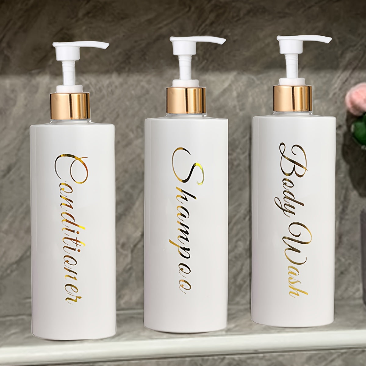3-Piece 500ml White Plastic Bathroom Dispenser Set with Gold Labels for Shampoo Conditioner Body Wash