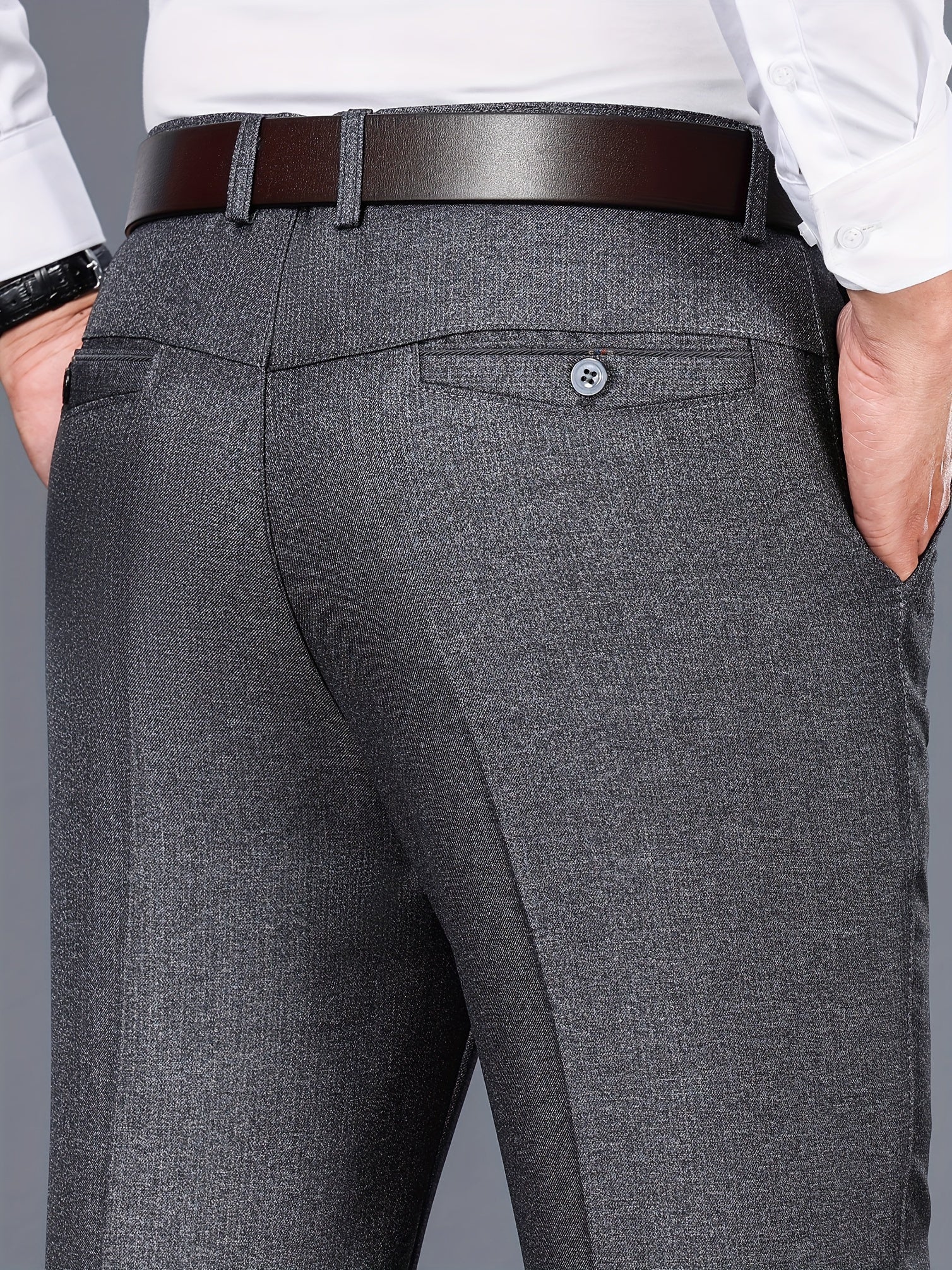 Pantalones de vestir grises para hombre, corte regular, poliéster, bolsillos inclinados, negocio formal, primavera y otoño