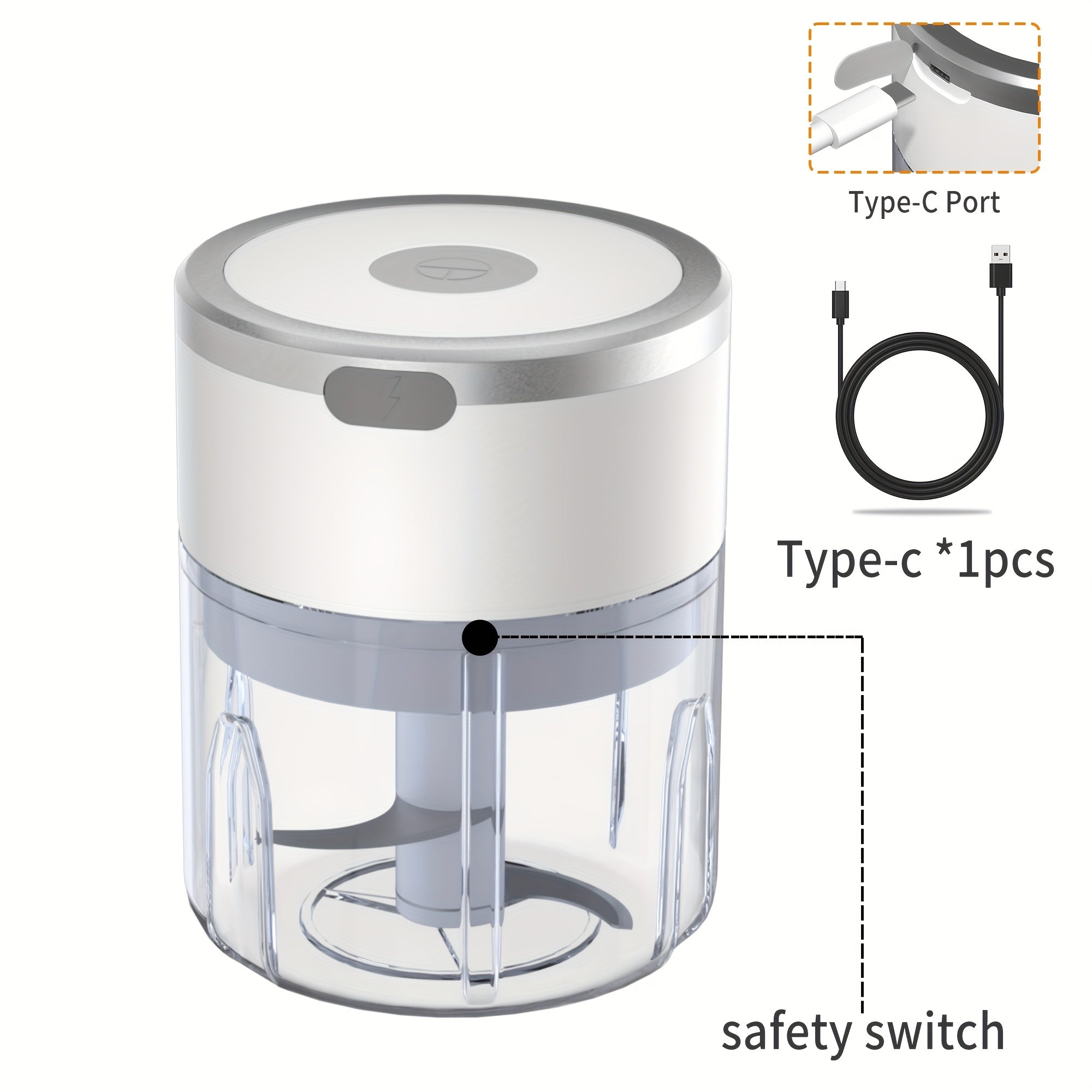 Elektr garlic maydalagich, qayta tiklanadigan USB, 1200 RPM, shaffof oshxona asbobi
