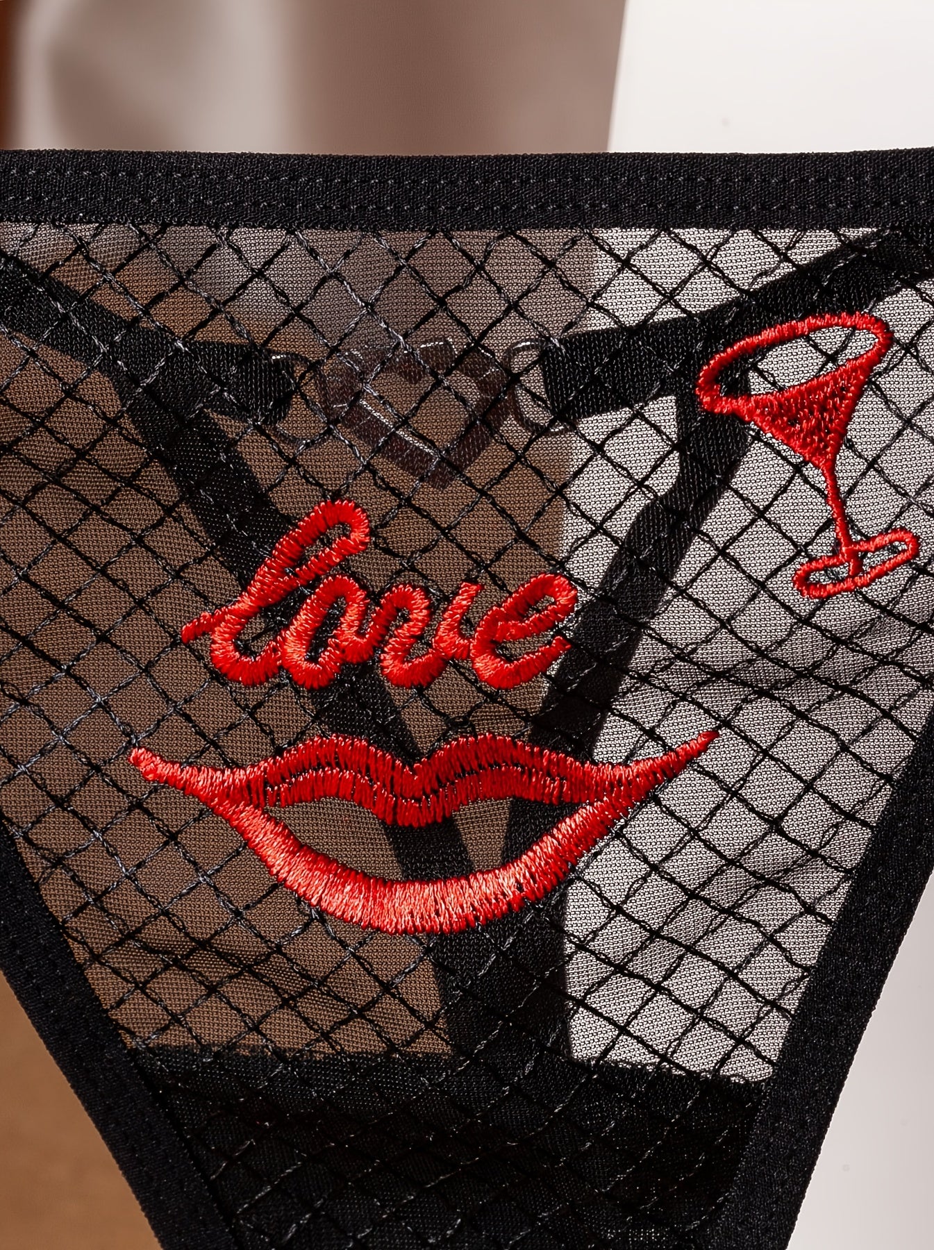 Women’s Mesh Plaid Thong Panties with Love Heart Embroidery and Rhinestones