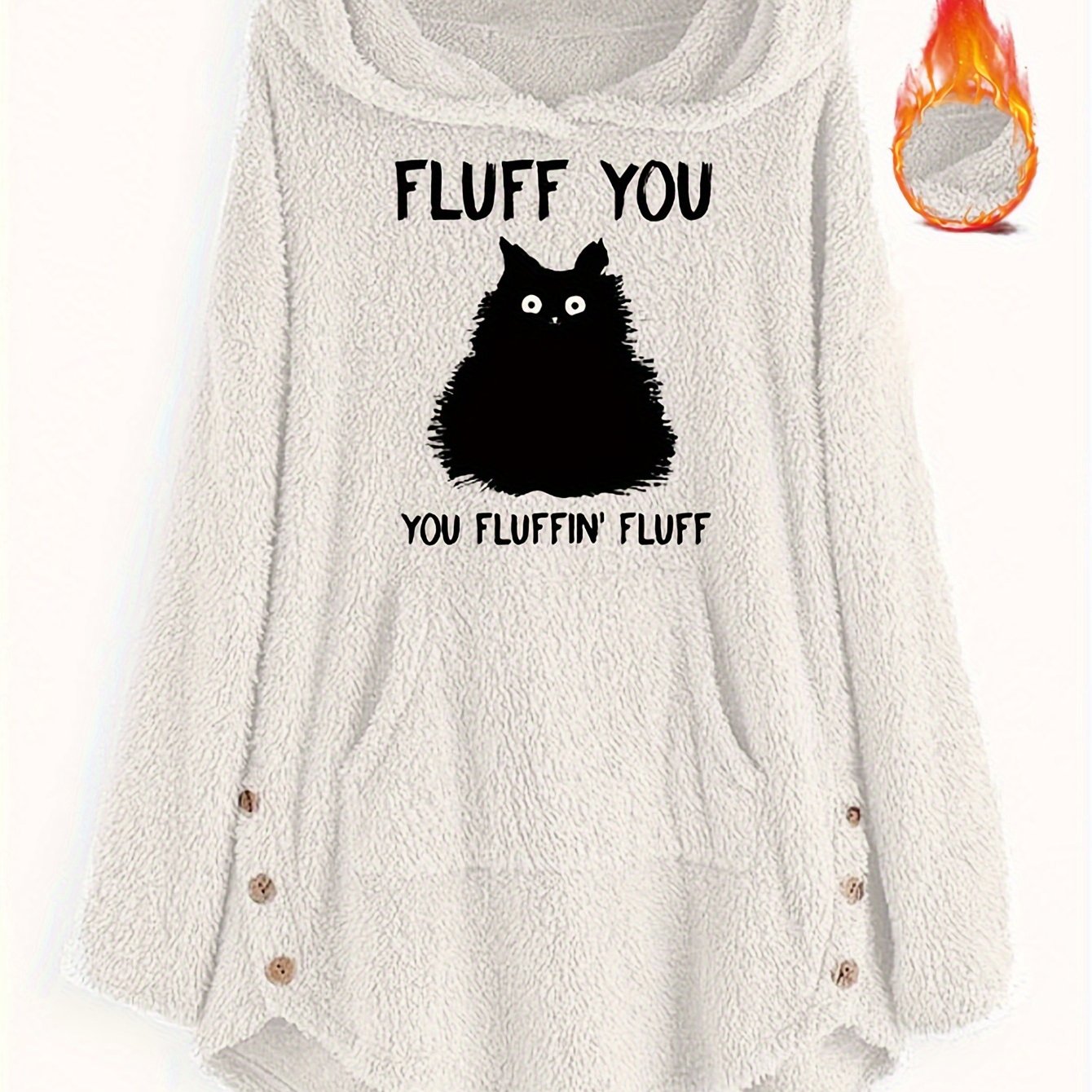 Plus o'lcham ayollar uchun fleece svitshot bilan slogan mushuk bosma uzun qo'lqop