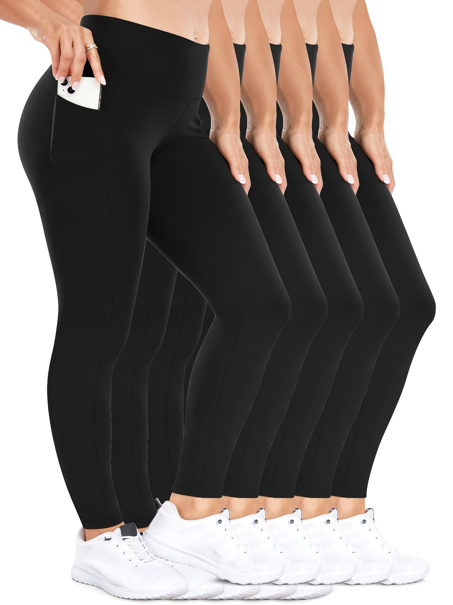 Women's High-Waisted Yoga Leggings 5-Pack with Pockets, Non-See-Through, Multi Colors